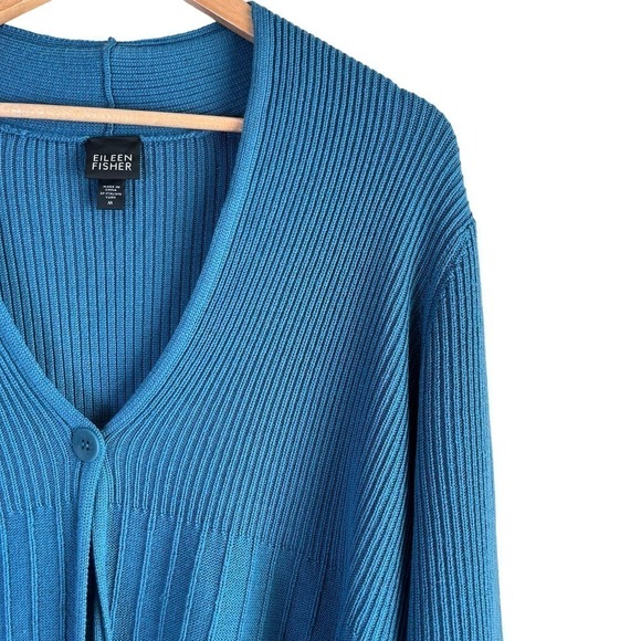 Eileen Fisher Merino Wool Ribbed Single‎ Button Cardigan in Teal, Size Medium - Picture 4 of 12